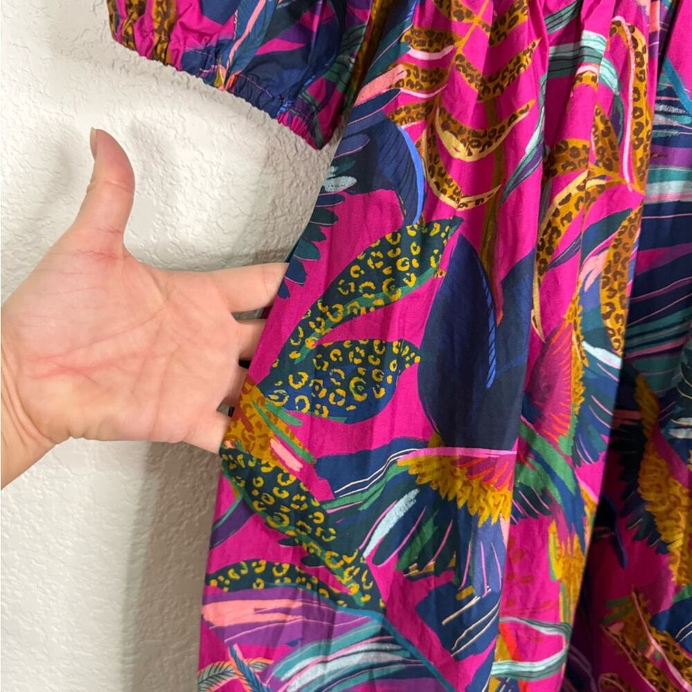 NWT FARM Rio Rainbow Macaws Smocked Puff Sleeve Midi Dress Tropical Resortwear - Picture 7 of 11